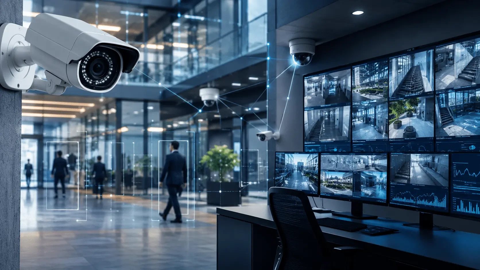 AI-enabled CCTV cameras in an office lobby linked to a security monitoring station