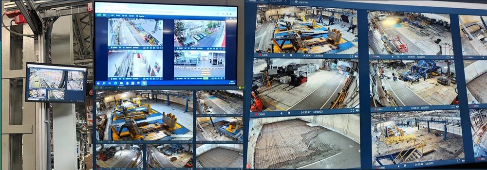 Bosch factory production lines on a CCTV monitoring wall